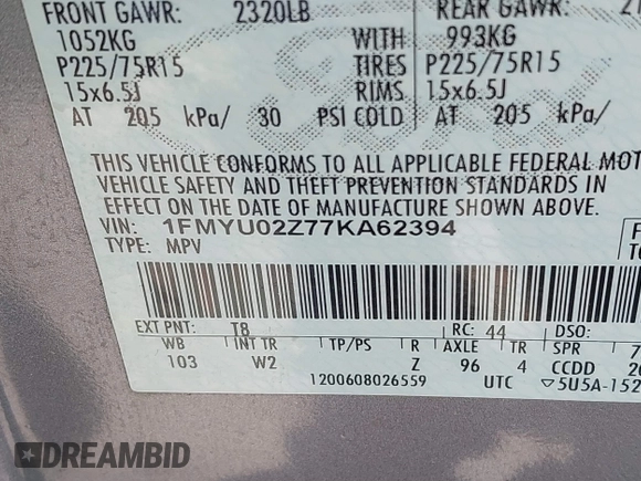 2007 Ford Escape XLS с VIN 1FMYU02Z77KA62394, выставлен на аукционе IAAI как лот 41858635 с пробегом 165 948 миль миль и . История ставок и продаж доступна на DreamBid. Изображение 9.