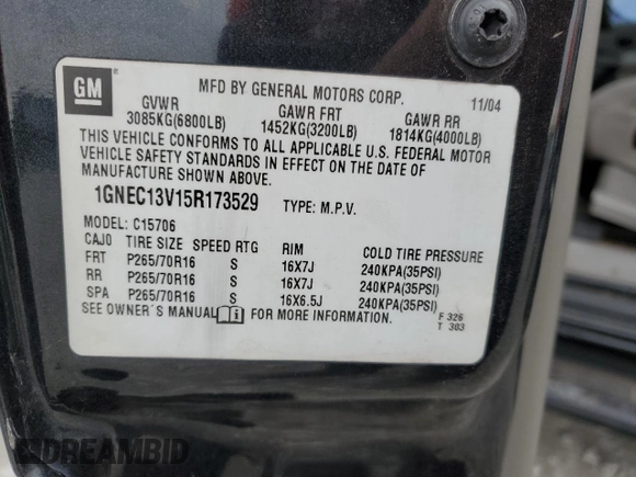 2005 Chevrolet Tahoe LS with VIN 1GNEC13V15R173529, listed as a Copart auction lot 84908724 with 0 mi miles and Salvage Title. Bid and sale history available at carsss.com. Image 15.