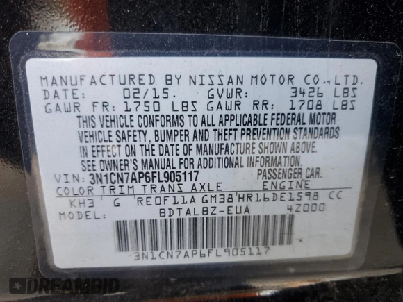 2015 Nissan Versa S Plus with VIN 3N1CN7AP6FL905117, listed as a Copart auction lot 48576895 with 44,815 mi miles and Salvage Title. Bid and sale history available at DreamBid. Image 14.