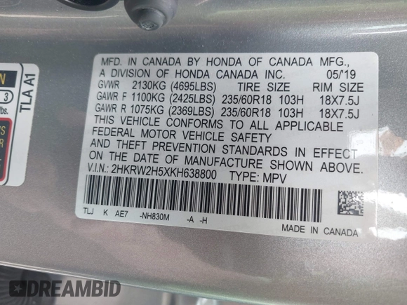 2019 Honda CR-V EX with VIN 2HKRW2H5XKH638800, listed as a IAAI auction lot 42061457 with 54,440 mi miles. Bid and sale history available at carsss.com. Image 9.