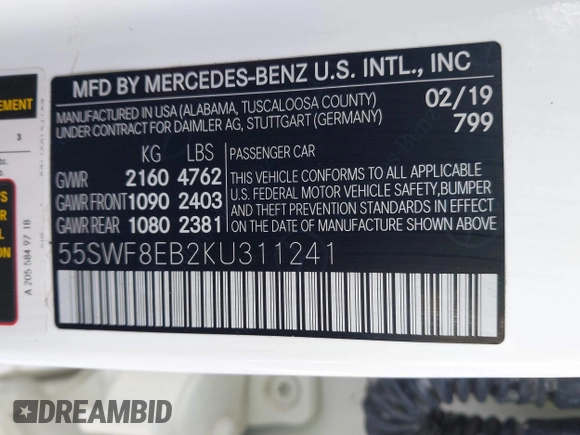 2019 Mercedes-Benz C 300 with VIN 55SWF8EB2KU311241, listed as a IAAI auction lot 41556911 with 54,605 mi miles and . Bid and sale history available at carsss.com. Image 9.