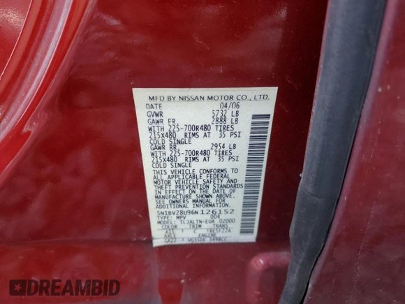 2006 Nissan Quest S Special Edition with VIN 5N1BV28U96N126152, listed as a Copart auction lot 72232864 with 108,412 mi miles and Clean Title. Bid and sale history available at carsss.com. Image 13.