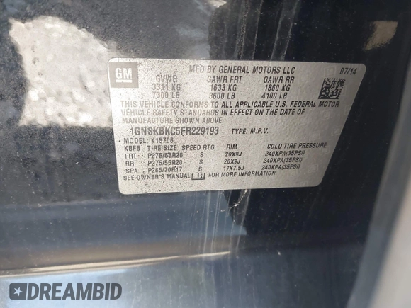 2015 Chevrolet Tahoe LT with VIN 1GNSKBKC5FR229193, listed as a IAAI auction lot 42079931 with Not provided miles and . Bid and sale history available at DreamBid. Image 9.
