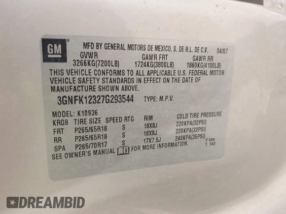 2007 Chevrolet Avalanche 3LT with VIN 3GNFK12327G293544, listed as a IAAI auction lot 42483512 with 251,356 mi miles and . Bid and sale history available at DreamBid. Image 9.