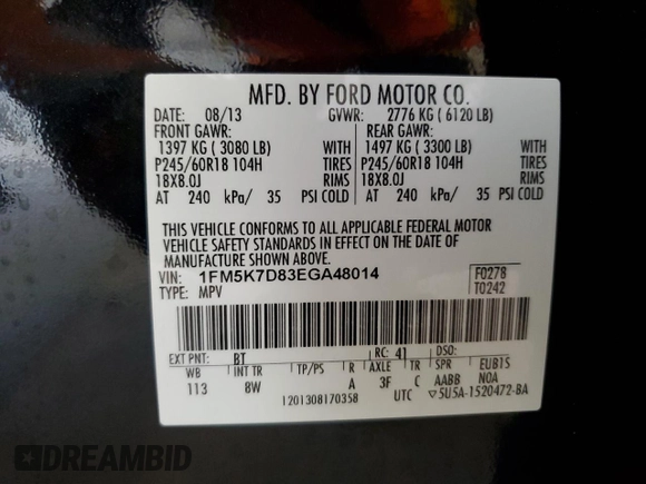 2014 Ford Explorer XLT z VIN 1FM5K7D83EGA48014, wystawiony jako Copart lot #61560045 z przebiegiem 141 354 mil mil oraz Nie do naprawy • Non repairable. Historia ofert i sprzedaży dostępna na DreamBid. Obrazek 13.