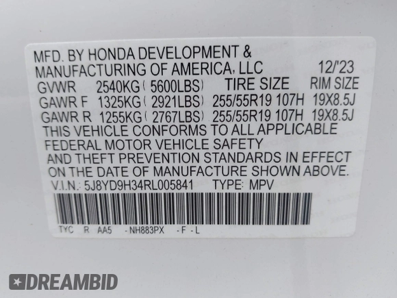2024 Acura MDX with VIN 5J8YD9H34RL005841, listed as a IAAI auction lot 42474191 with 6,156 mi miles and . Bid and sale history available at DreamBid. Image 9.