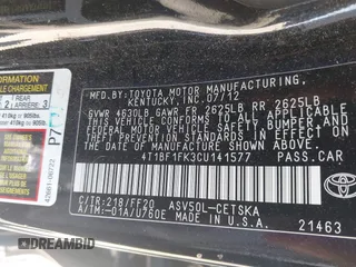 2012 Toyota Camry L with VIN 4T1BF1FK3CU141577, listed as a IAAI auction lot 42059780 with 198,946 mi miles and . Bid and sale history available at DreamBid. Image 9.