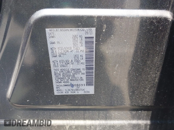 2014 Infiniti QX60 with VIN 5N1AL0MM6EC508693, listed as a IAAI auction lot 42466239 with 174,927 mi miles and . Bid and sale history available at DreamBid. Image 9.