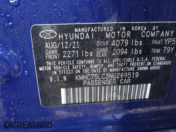 2022 Hyundai Ioniq SE with VIN KMHC75LC3NU269519, listed as a IAAI auction lot 41846909 with 24,343 mi miles and . Bid and sale history available at DreamBid. Image 9.