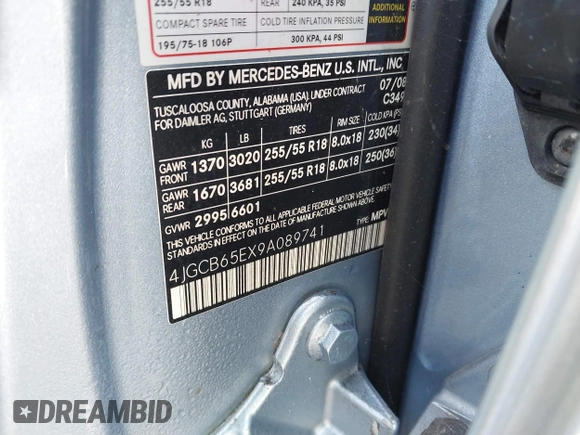 2009 Mercedes-Benz R 3.5L with VIN 4JGCB65EX9A089741, listed as a IAAI auction lot 41384994 with Not Provided miles and . Bid and sale history available at DreamBid. Image 9.