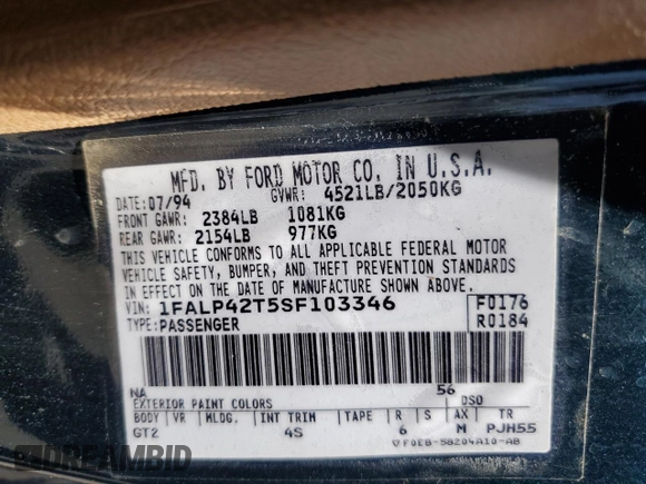 1995 Ford Mustang GT with VIN 1FALP42T5SF103346, listed as a Copart auction lot 56422635 with 31,616 mi miles and Salvage title. Bid and sale history available at DreamBid. Image 13.