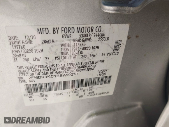 2011 Ford Edge Limited with VIN 2FMDK3KC1BBA59270, listed as a IAAI auction lot 41702384 with 95,695 mi miles. Bid and sale history available at carsss.com. Image 9.
