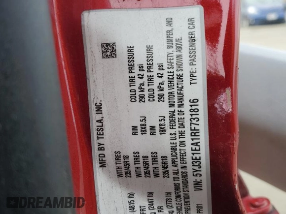 2024 Tesla Model 3 with VIN 5YJ3E1EA1RF731816, listed as a Copart auction lot 49632735 with Not Provided miles and Salvage Title. Bid and sale history available at DreamBid. Image 15.