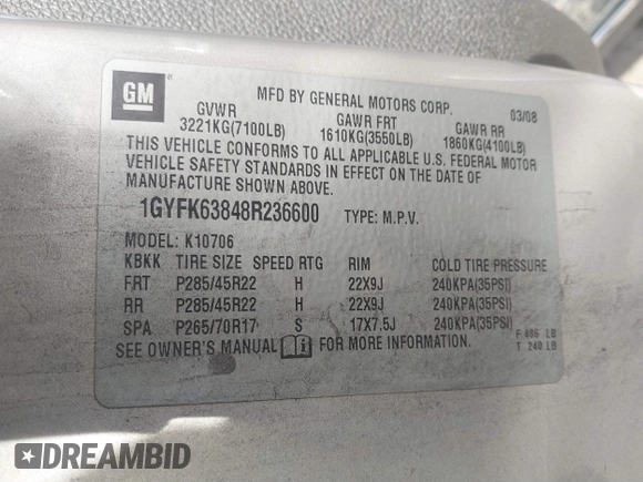 2008 Cadillac Escalade with VIN 1GYFK63848R236600, listed as a IAAI auction lot 41708402 with 193,214 mi miles. Bid and sale history available at carsss.com. Image 9.