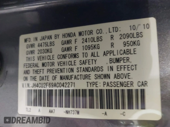 2010 Acura TSX с VIN JH4CU2F69AC042271, выставлен на аукционе IAAI как лот 42570618 с пробегом 182 325 миль миль и . История ставок и продаж доступна на DreamBid. Изображение 9.