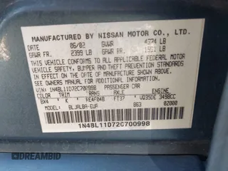 2002 Nissan Altima SE with VIN 1N4BL11D72C700998, listed as a IAAI auction lot 41369017 with 117,148 mi miles. Bid and sale history available at carsss.com. Image 9.