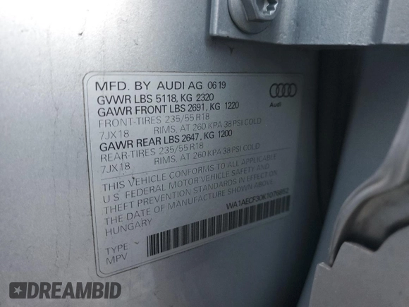 2019 Audi Q3 Premium with VIN WA1AECF30K1076852, listed as a Copart auction lot 79166024 with 47,802 mi miles and Salvage Title. Bid and sale history available at carsss.com. Image 13.