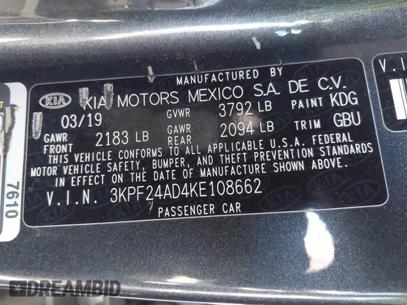 2019 Kia Forte LXS with VIN 3KPF24AD4KE108662, listed as a IAAI auction lot 42328484 with 129,785 mi miles and . Bid and sale history available at DreamBid. Image 9.