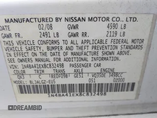 2008 Nissan Maxima 3.5 SL with VIN 1N4BA41EX8C832498, listed as a IAAI auction lot 41985509 with 175,209 mi miles. Bid and sale history available at carsss.com. Image 9.