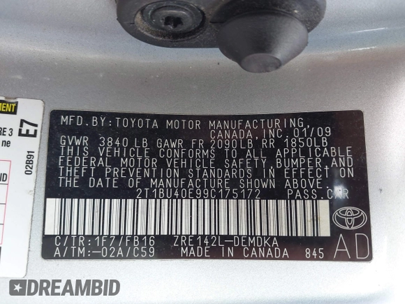 2009 Toyota Corolla with VIN 2T1BU40E99C175172, listed as a IAAI auction lot 42072575 with 176,714 mi miles. Bid and sale history available at carsss.com. Image 9.