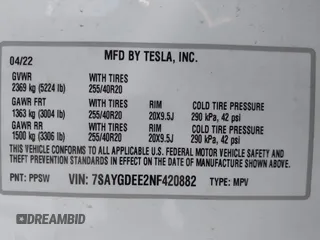 2022 Tesla Model Y Long Range z VIN 7SAYGDEE2NF420882, wystawiony jako IAAI lot #42023642 z przebiegiem 19 783 mil mil oraz . Historia ofert i sprzedaży dostępna na DreamBid. Obrazek 9.