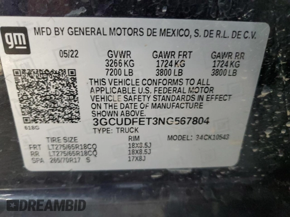 2022 Chevrolet Silverado 1500 LT Trail Boss with VIN 3GCUDFET3NG567804, listed as a Copart auction lot 39867364 with 86,570 mi miles and Salvage Title. Bid and sale history available at DreamBid. Image 14.