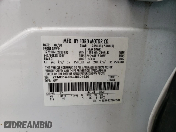 2020 Ford Edge SEL with VIN 2FMPK4J96LBB04620, listed as a Copart auction lot 62301645 with 54,621 mi miles and Salvage title. Bid and sale history available at DreamBid. Image 13.