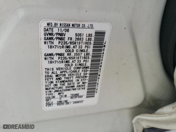 2007 Nissan Murano SL with VIN JN8AZ08W87W619749, listed as a Copart auction lot 44794465 with 0 mi miles and Salvage Title. Bid and sale history available at carsss.com. Image 13.