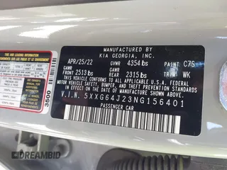 2022 Kia K5 GT-Line z VIN 5XXG64J23NG156401, wystawiony jako IAAI lot #42051123 z przebiegiem 71 853 mil mil oraz . Historia ofert i sprzedaży dostępna na DreamBid. Obrazek 9.
