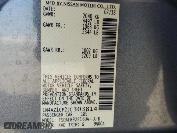 2018 Nissan LEAF SV with VIN 1N4AZ1CP2JC303814, listed as a Copart auction lot 58406135 with 175,777 mi miles and Clean title. Bid and sale history available at DreamBid. Image 12.