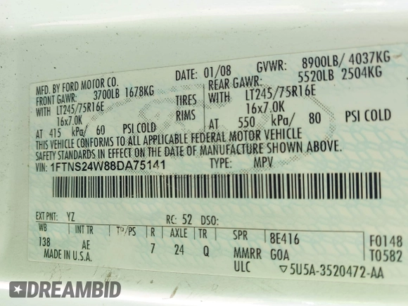 2008 Ford Econoline Cargo Commercial with VIN 1FTNS24W88DA75141, listed as a IAAI auction lot 41974472 with 188,618 mi miles and . Bid and sale history available at carsss.com. Image 9.