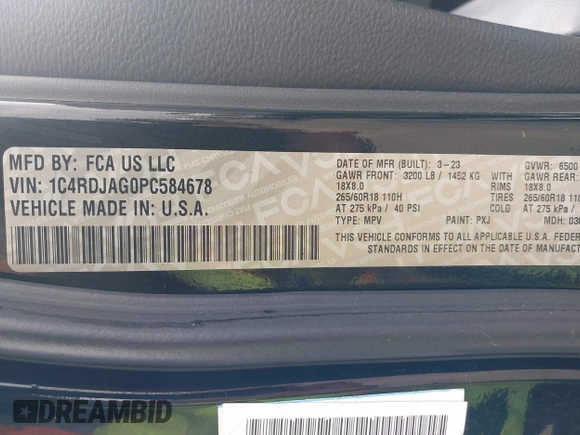 2023 Dodge Durango SXT Launch Edition with VIN 1C4RDJAG0PC584678, listed as a IAAI auction lot 42194281 with 34,013 mi miles and . Bid and sale history available at DreamBid. Image 9.