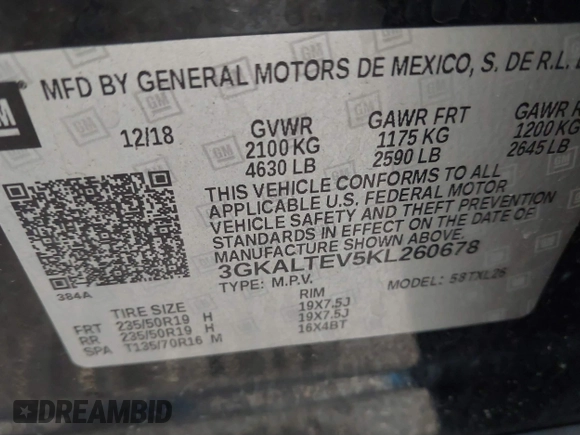 2019 GMC Terrain SLE with VIN 3GKALTEV5KL260678, listed as a IAAI auction lot 41738550 with 110,026 mi miles. Bid and sale history available at carsss.com. Image 9.