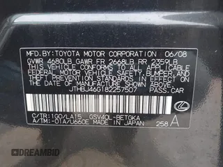 2008 Lexus ES 330 с VIN JTHBJ46G182257507, выставлен на аукционе IAAI как лот 42306689 с пробегом 156 747 миль миль и . История ставок и продаж доступна на DreamBid. Изображение 9.