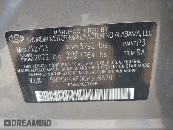 2013 Hyundai Elantra GLS with VIN 5NPDH4AE0DH309679, listed as a IAAI auction lot 42573400 with 173,948 mi miles and . Bid and sale history available at DreamBid. Image 9.