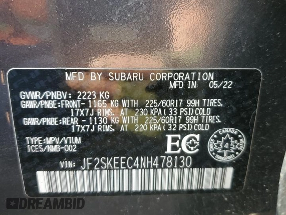 2022 Subaru Forester Touring with VIN JF2SKEEC4NH478130, listed as a Copart auction lot 59207115 with 60,705 mi miles and Salvage title. Bid and sale history available at DreamBid. Image 14.
