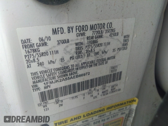 2010 Ford Expedition Max Limited with VIN 1FMJK2A55AEB66972, listed as a IAAI auction lot 42455636 with Not provided miles and . Bid and sale history available at DreamBid. Image 9.