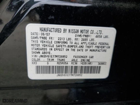 2007 Infiniti G35 Sedan Sport with VIN JNKBV61E77M726852, listed as a Copart auction lot 47409805 with 107,188 mi miles and Salvage Title. Bid and sale history available at carsss.com. Image 12.