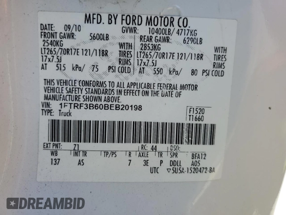 2011 Ford F-350 XL with VIN 1FTRF3B60BEB20198, listed as a Copart auction lot 50361615 with Not provided miles and Salvage title. Bid and sale history available at DreamBid. Image 14.