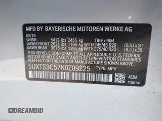 2019 BMW X3 M40i with VIN 5UXTS3C57K0Z09225, listed as a IAAI auction lot 41491951 with 69,483 mi miles and . Bid and sale history available at DreamBid. Image 9.