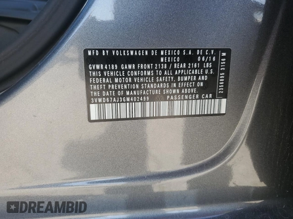 2016 Volkswagen Jetta Sedan 1.4T SE with VIN 3VWD67AJ3GM402499, listed as a Copart auction lot 49228995 with 77,685 mi miles and Clean Title. Bid and sale history available at carsss.com. Image 12.
