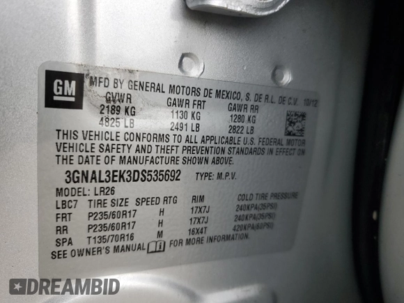 2013 Chevrolet Captiva Sport LT with VIN 3GNAL3EK3DS535692, listed as a Copart auction lot 56784555 with 120,676 mi miles and Clean Title. Bid and sale history available at DreamBid. Image 13.