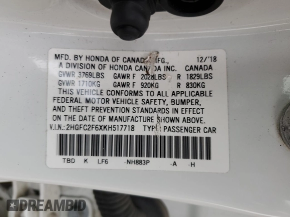 2019 Honda Civic Sedan LX with VIN 2HGFC2F6XKH517718, listed as a Copart auction lot 87000454 with 85,650 mi miles and Non Repairable. Bid and sale history available at carsss.com. Image 14.