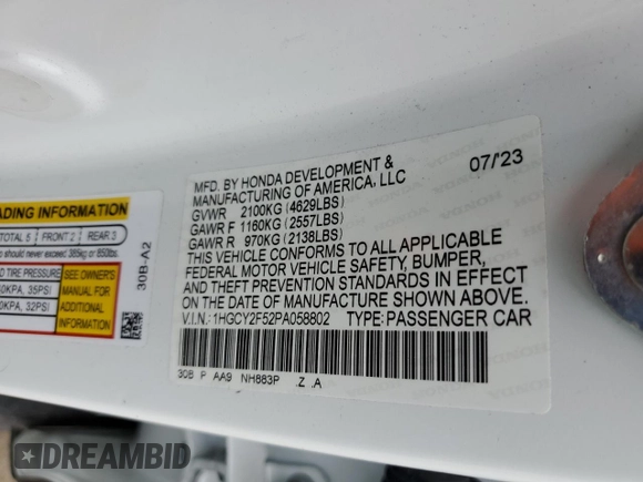 2023 Honda Accord Sport with VIN 1HGCY2F52PA058802, listed as a Copart auction lot 55868395 with 18,218 mi miles and Salvage title. Bid and sale history available at DreamBid. Image 12.