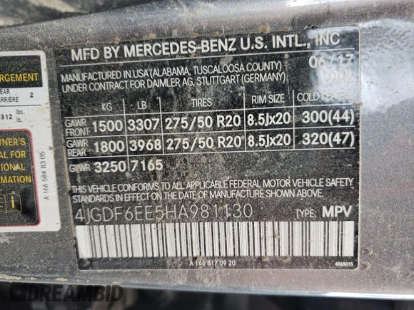 2017 Mercedes-Benz GLS 450 with VIN 4JGDF6EE5HA981130, listed as a Copart auction lot 68525144 with Not Provided miles and Salvage Title. Bid and sale history available at DreamBid. Image 15.