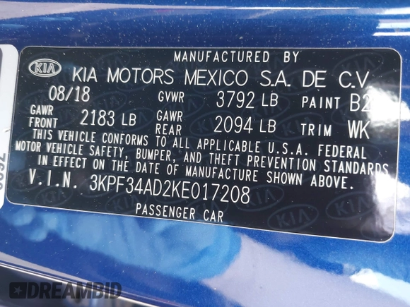 2019 Kia Forte S with VIN 3KPF34AD2KE017208, listed as a IAAI auction lot 42127090 with 83,466 mi miles and . Bid and sale history available at carsss.com. Image 9.