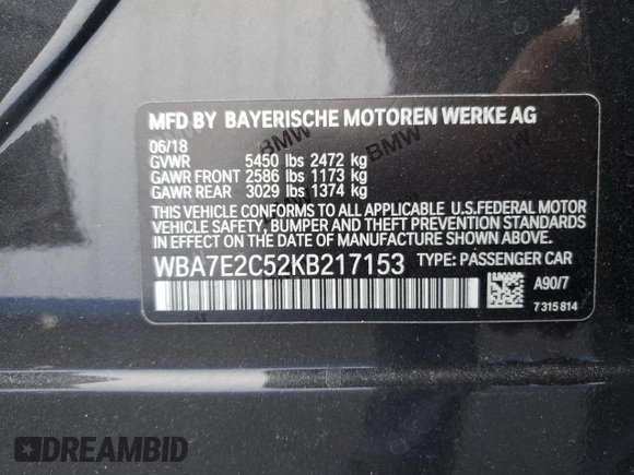 2019 BMW 7 Series 740i with VIN WBA7E2C52KB217153, listed as a Copart auction lot 65205835 with 61,981 mi miles and Clean title. Bid and sale history available at DreamBid. Image 12.