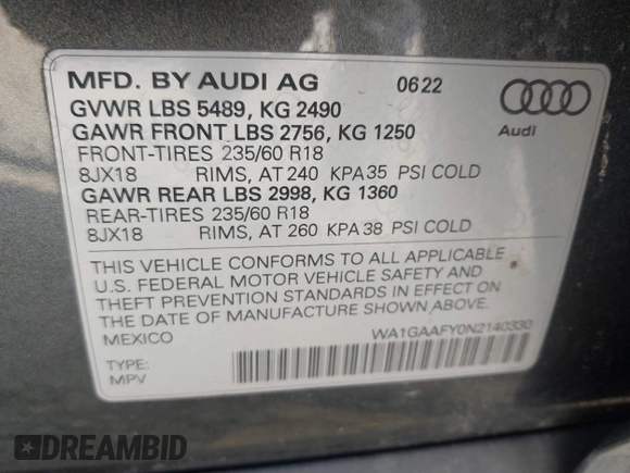 2022 Audi Q5 S line Premium z VIN WA1GAAFY0N2140330, wystawiony jako IAAI lot #41756318 z przebiegiem 39 165 mil mil oraz . Historia ofert i sprzedaży dostępna na DreamBid. Obrazek 9.