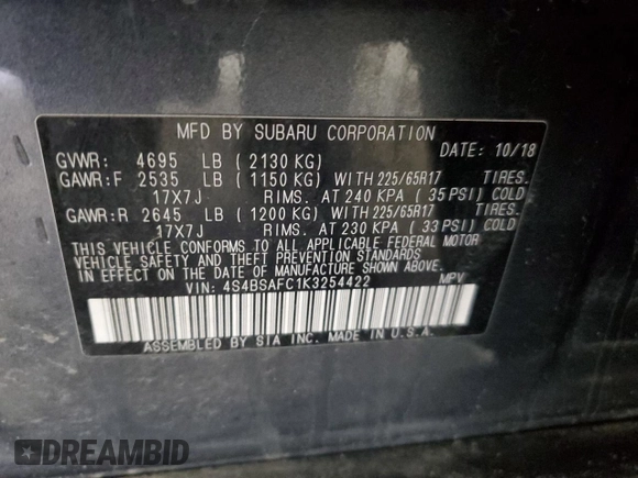 2019 Subaru Outback Premium with VIN 4S4BSAFC1K3254422, listed as a Copart auction lot 48052775 with 166,756 mi miles and Salvage Title. Bid and sale history available at carsss.com. Image 15.