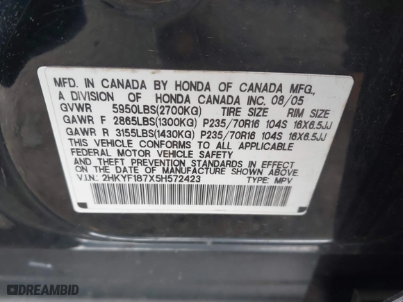2005 Honda Pilot EX-L with NAVI with VIN 2HKYF187X5H572423, listed as a IAAI auction lot 42088750 with 203,265 mi miles. Bid and sale history available at carsss.com. Image 9.